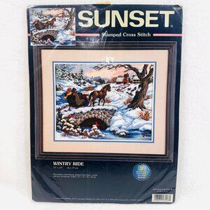 Vintage Sunset Stamped Cross Stitch Kit "Wintry Ride"  - New/Sealed (1999)